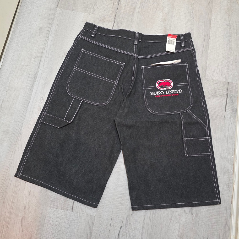 NWT Y2K Ecko Unltd Men's W38 Baggy Carpenter Denim Shorts Black Contrast Stitch